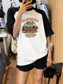 女款落肩袖純棉短袖T恤，夏季中長版寬鬆卡通設計感上衣 - 黑拼白 - 查看 4
