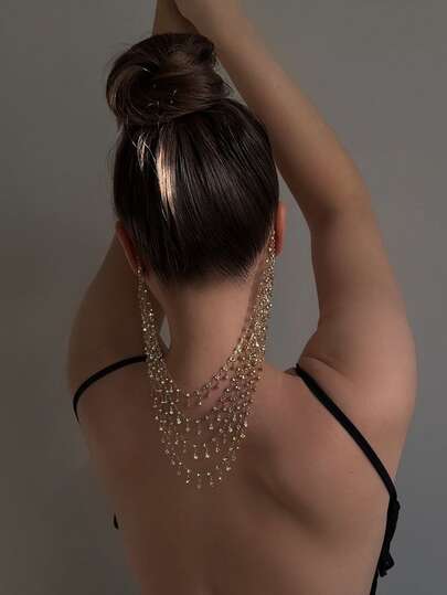 1 pièce Boucles d'oreilles scintillantes multicouches, boucles d'oreilles à gland strass pour femmes, convient aux robes et tenues dos nu