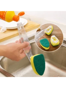 Heavy Duty Dish Scrubber, Non-Scratch Kitchen Sink Sponge, Detachable Handle Dishwashing Brush With Liquid Soap Sponge, Strong Cleaning Scrub Brush - Multicolor - View 3