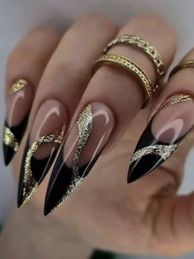 Monina 24pcs Gothic Style Black Lines Yellow French Almond Shaped Nail Stickers, Minimalist Low-Key Luxury Versatile, Essential For Graduation Season - Gold - View 9