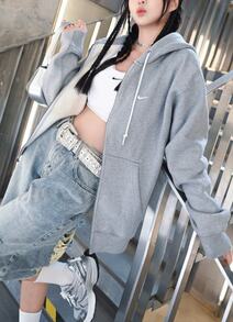 Nike Solo Swoosh Logo Embroidered Zip-Up Hooded Jacket, Men's, Grey - Grey - View 4