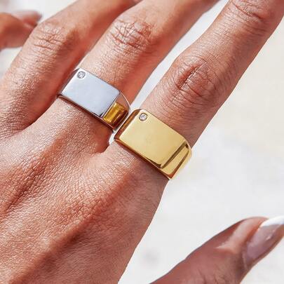 1pc Casual Elegant Stainless Steel Smooth Rectangular Men's Ring, 316 Stainless Steel Vacuum Plated , Durable Waterproof Non-Fading Hypoallergenic, Decorated With A Small Zirconia Stone For A More Exquisite Look, Suitable For Daily Casual, Entertainment, And Holiday Wear