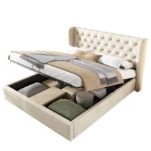 Upholstered Bed, Ear-Shaped, In Velvet, With Large Buttoned Seams, Double Bed 140 X 200 Cm, Functional Hydraulic Bed With Slatted Base And Storage Space, Bed Base Covered In Stain-Resistant Velvet, Beige - Apricot - View 5