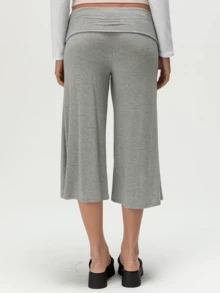 Women's Fold Over Waist Capri Fashionable Casual Solid Color Low Rise Wide Leg Crop Pants - 灰 - 查看 3