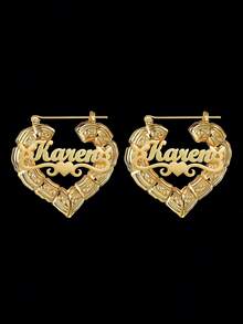 1 paire de boucles d'oreilles créoles larges de 7 cm, personnalisables avec un nom/texte, boucles d'oreilles personnalisées, boucles d'oreilles en acier inoxydable doré 18 carats à nœud de bambou - Nom rond doré - Grandes boucles d'oreilles créoles, Thanksgiving Noël - 2,76 pouces - Or mat - Voir 7
