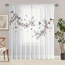 2pcs Set Of Elegant White Bird & Peach Blossom Sheer Curtains - Rod Pocket Design For Easy Hanging, Machine Washable Polyester Drapes For Living Room And Bedroom Decor - Multicolor - View 2