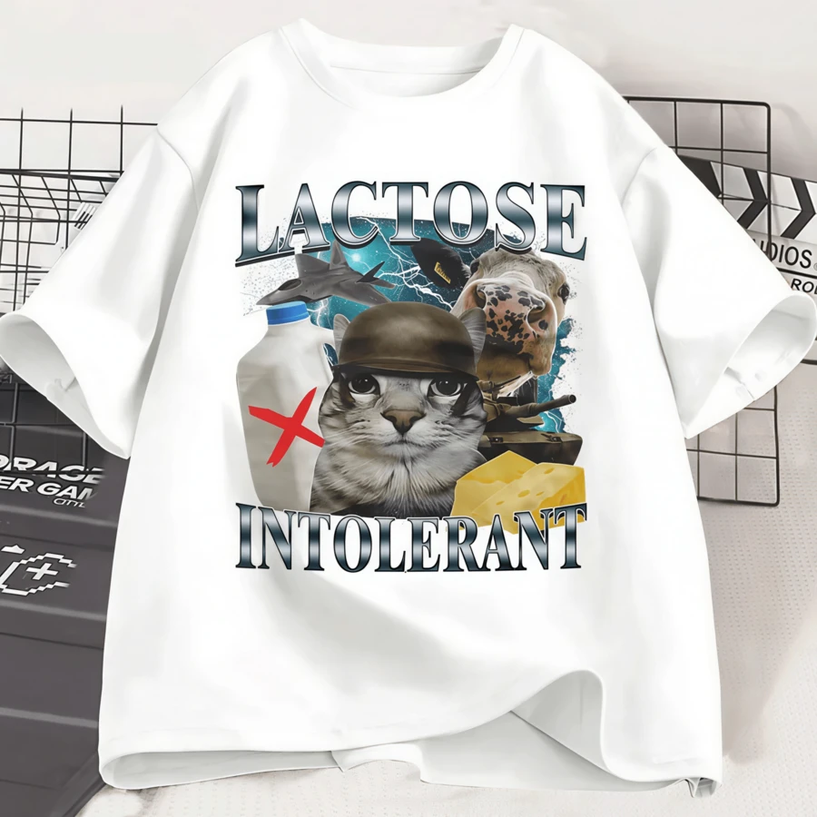 Lactose Intolerant Funny Cat Meme T-Shirt For Men And Women, Retro Fashion, Short Sleeve T-Shirts, Cotton, Casual, Cozy, Oversized T-Shirts - 白色 - 查看 1