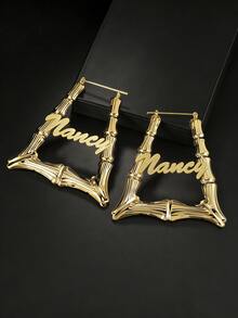 1 paire de boucles d'oreilles créoles larges de 7 cm, personnalisables avec un nom/texte, boucles d'oreilles personnalisées, boucles d'oreilles en acier inoxydable doré 18 carats à nœud de bambou - Nom rond doré - Grandes boucles d'oreilles créoles, Thanksgiving Noël - 2,76 pouces - Or mat - Voir 13