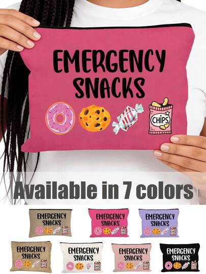 Emergency Snacks Themed Cosmetic Bag, Playful Snack Print Makeup Pouch With Zipper, Versatile As Cosmetic Organizer, Toiletry Bag & Emergency Snack Pouch, Ideal For Storing Cosmetics, Skincare Products, Quick Bites & Daily Essentials, Adding A Humorous, Whimsical Touch To Your Everyday Carry, Suitable For Snack Lovers, Nurses, Nursing Students, Busy Professionals, Gift Givers, Perfect For Nurse Appreciation Week, Graduation Gifts, Workdays, Travel, School & Daily Use