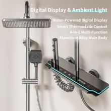 Juego de ducha de lujo con pantalla digital LED | Cabezal de ducha de lluvia grande de 12 pulgadas, control de teclas de piano montado en la pared, cabezal de ducha de mano, estructura de aleación de aluminio | Equipo de baño moderno y ducha al aire libre - Gris Oscuro - Ver 12