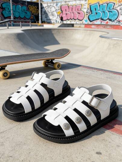 1 đôi sandal nữ màu trắng nhiều quai phối họa tiết hoa hướng dương cổ điển, đế bằng dày, thoải mái, chống trượt, hở mũi, cổ thấp, quai điều chỉnh được, đế bằng dày, kiểu La Mã cổ điển, thích hợp cho các lễ hội âm nhạc mùa hè/tiệc theo chủ đề.