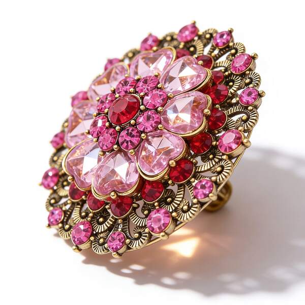 Vintage Pink Heart Crystal Brooch – Bronze Floral Statement Pin, Perfect For Dresses, Coats, And Scarves | An Elegant Gift For Her.