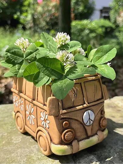 Vintage Car Shaped Succulent Planter. Cute, Compact And Interesting Flower Pot. Unique Resin Planter Suitable For Home And Desk Decor (Brown-Yellow)