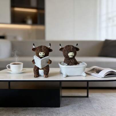 2pcs Highland Cow Resin Statue-Sitting In Toilet Bath Or Reading Posture, Country Style Scottish Cow Statue With Book, Humor Bathroom/Table Decor, Unique Home, Office, Outdoor Use Gift