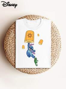 Disney Stitch Men's Summer T-Shirt, Distressed Effect, One-Piece Design, Pure Cotton Fabric, Comfortable And Breathable, Casual Outdoor Street Style, Crew Neck; A High-Quality Fashion Brand, It's The Ideal Surprise Gift For Family And Friends. - 白色 - 查看 1