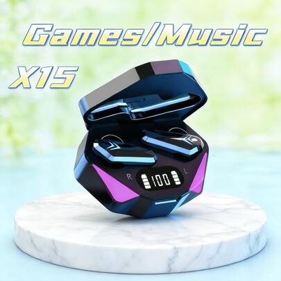X15 无线蓝牙耳机 TWS，带 LED 显示屏，低延迟立体声耳机，带麦克风，适用于运动和游戏