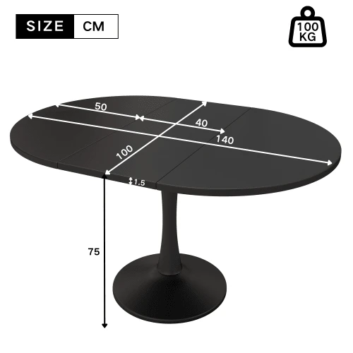 Extendable Dining Table, Oval Table, Coffee/Lounge Table, Length 100/140 X Width 100 X Height 75 Cm, Modern And Minimalist Dining Table, Black - Black - View 7