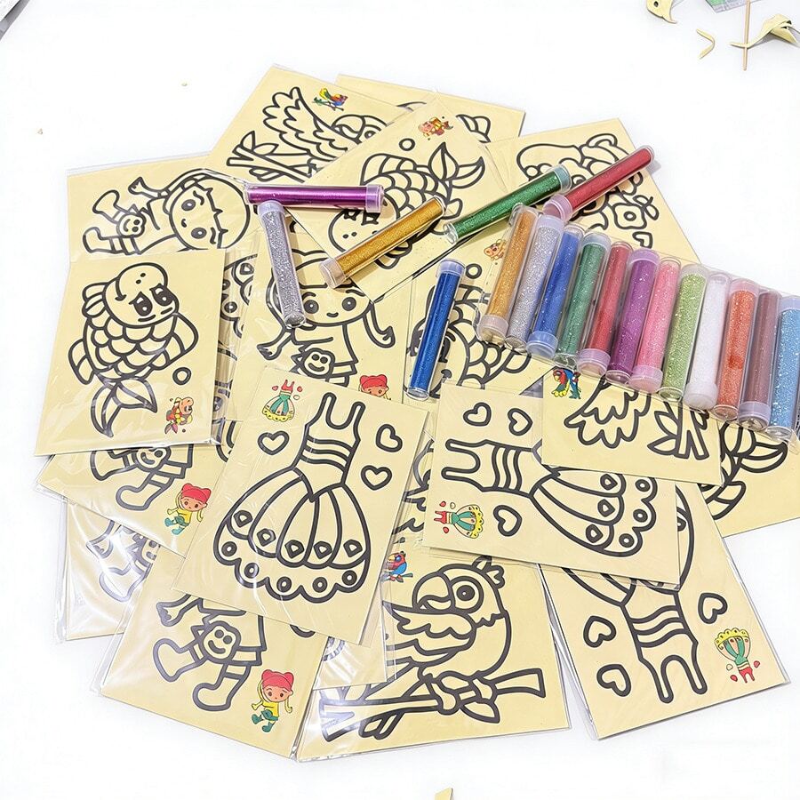 1/10/40pcs Kids Glitter Sticker Art, Kindergarten DIY Shiny Craft Painting, Colorful Glitter Coloring, Back To School Classroom Gift Toys (Glitter Included, Random Patterns & Colors, No Bamboo Sticks) - Multicolor - View 1
