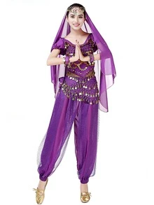 两件套女士肚皮舞服装，包括短袖上衣和哈伦裤，成人练习服 - 彩色 - 查看 5