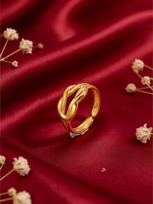 3/1pc - Luxury Stainless Steel Ring, Featuring A Gold Knot, Double Pillars, And Cross Design. The Opening Is Adjustable, Making It A Sophisticated Women's Jewelry Piece Suitable For Everyday Wear And Layering. - Gold - View 5