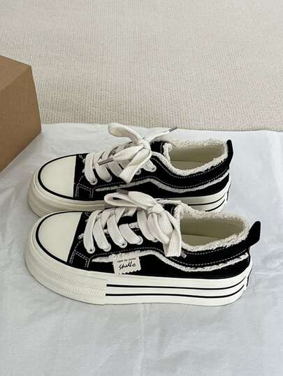 Women's Thick-Soled Canvas Sneakers, Solid Color, Lightweight, Durable, Breathable Casual Shoes, European And American Style, Minimalist Round Toe, Non-Slip, Platform, Casual, Walking, Travel, Vacation Flat Shoes, Black, Suitable For All Seasons, Athletic Lace-Up Sneakers, Indoor