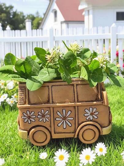 Vintage Car Shaped Succulent Plant Pot. Cute, Compact And Interesting Planter. Unique Resin Made Planter, Suitable For Home And Desk Decor (Brown-Yellow Color)
