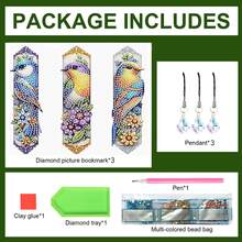 3pcs Diamond Painting Bookmarks - Peacock, Bird Series Patterns, Acrylic Material With Special Shaped Gems Pendant, For Home Office Supplies Reading, Hobbyist Gifts - View 9