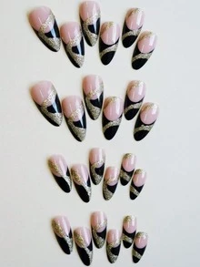 Monina 24pcs Gothic Style Black Lines Yellow French Almond Shaped Nail Stickers, Minimalist Low-Key Luxury Versatile, Essential For Graduation Season - Gold - View 3