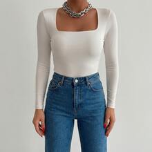 Women's Long Sleeve Square Neck Bodysuit In Spandex, Autumn/Winter Style, Immediate Shipping, Various Colors, Plus Size, One Size Fits All, Chic And Elegant - 黑白棕色 - 查看 2