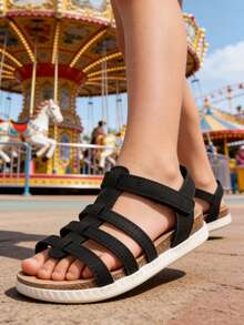 Summer New Fashion Versatile Boys/Girls PU Strap Design Roman Sandals, Soft Breathable Foot Protection Non-Slip Sole Lightweight Sandals - Black - View 3