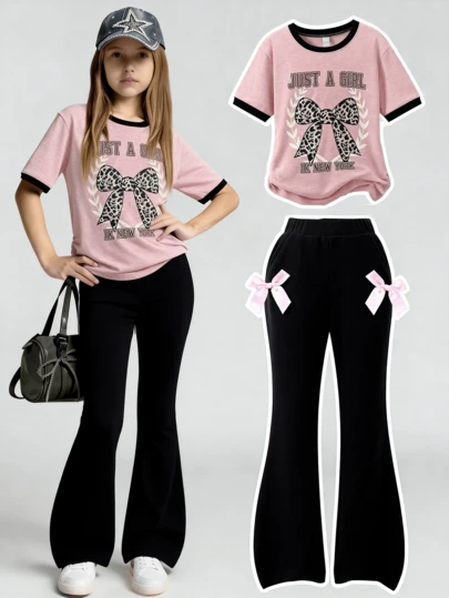 2pcs/Set Girls Casual Leopard Bow Letter Print T-Shirt & Solid Color Elastic Flare Pants