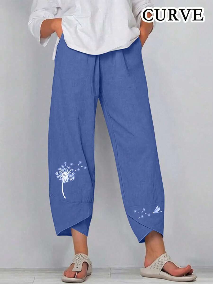 Pantalones de talle alto con estampado y bolsillos para mujer, 7/8 de largo, tipo harem, para primavera - Azul - Ver 1
