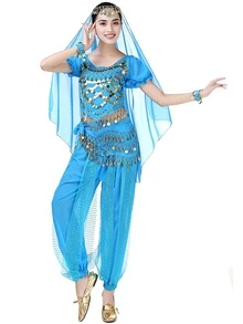 两件套女士肚皮舞服装，包括短袖上衣和哈伦裤，成人练习服 - 彩色 - 查看 6