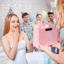 16th Birthday Gift Bag Set - Elegant Pink Paper Bag Containing 2 Sheets Of Gift Wrapping Paper And 1 Greeting Card. Reusable Happy Birthday Gift Bag, Suitable For Ladies Anniversary Party Favors - Fashionable Women Gift Packaging. - 16 - View 8