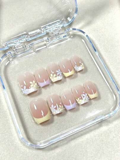 10pcs Pure Handmade Press On Nails Short Square Nails Multicolor Nails French Gentle Cute Sweet Style Hand-Drawn Flower For Womenand Girl,Spring Summer Season Festivals Party Holiday And Daily Life Use