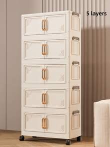 1个50厘米/19.69英寸宽可折叠储物柜，衣物收纳箱，便携式衣柜，双门折叠箱，1-6层可选，加厚双门带轮储物柜，无需组装，家用收纳整理好帮手，塑料折叠储物柜，适用于存放衣物和玩具 - 奶油色門 - 查看 9