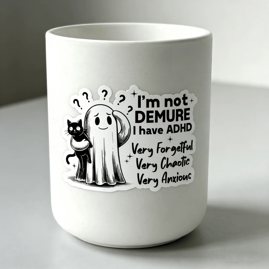 “我不是害羞，我只是有注意力缺陷多动障碍（ADHD）”贴纸 - 有趣的神经多样性幽灵和猫咪贴纸，ADHD社群心理健康意识宣传礼物，防水亮面乙烯基材质，适用于笔记本电脑、水瓶、头盔、笔记本 - 查看 1