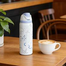 Owa Laa Blue Ribbon Bow Water Bottle,32oz/945ml,With A Straw,Keeps Drinks Hot Or Cold,Can Hold Iced Drinks And Water,Has A Beautiful Appearance,Suitable For Leisure,Work,Sports,Indoors And Outdoors,Suitable For Students And Office Workers,As A Gift - Xanh và trắng - Xem 3