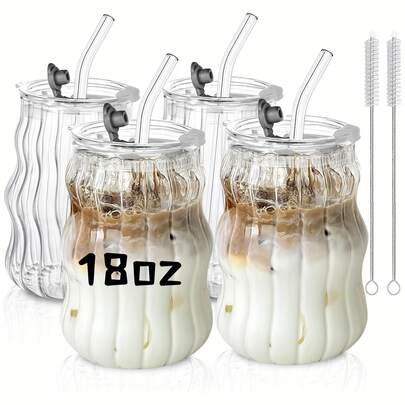 4PCS Coffee Mug With Lid And Straw, 18OZ Glass Cup, Bubble Glass Aesthetics For Iced Coffee, Transparent Ribbed Design, Idealware Set, Straw Cleaning Tool Included