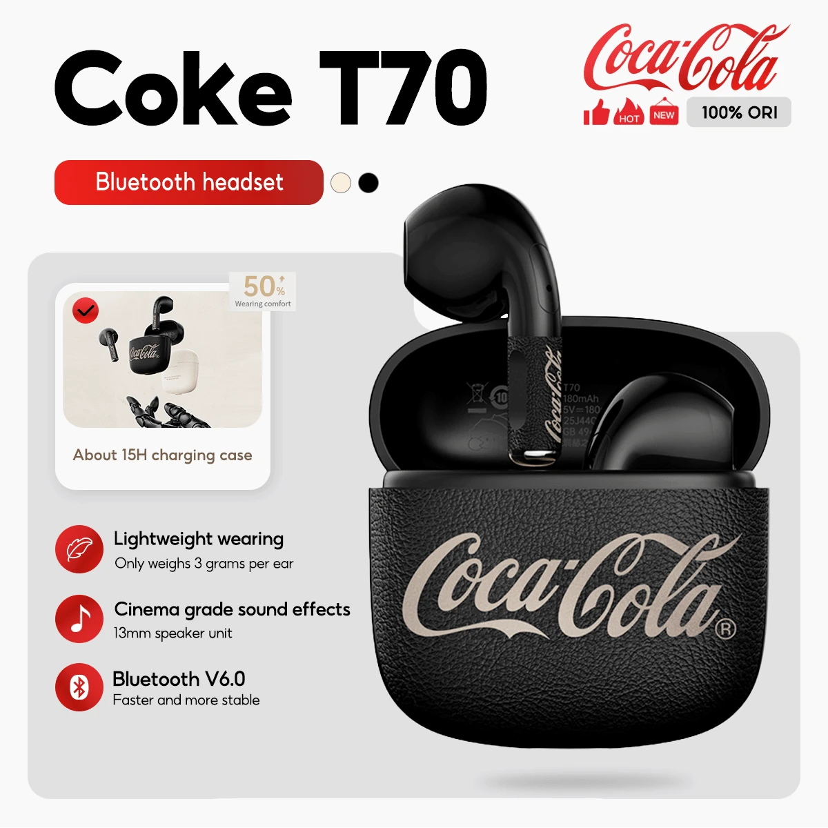 Coca Cola Coca-Cola T70 Retro Beat Bluetooth Earbuds, 13mm Driver, Bluetooth 6.0, Leather Texture, 3g Lightweight, Black/Beige - View 1