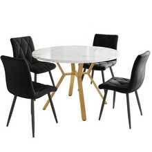 Dining Chair Set, Dining Chair Set (5 Pieces), Modern And Minimalist Round Marble Dining Chair Set, Gold Metal Table Legs + 4 Ergonomic Velvet Dining Chairs, Black Dining Chairs - Black - View 10