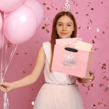 16th Birthday Gift Bag Set - Elegant Pink Paper Bag Containing 2 Sheets Of Gift Wrapping Paper And 1 Greeting Card. Reusable Happy Birthday Gift Bag, Suitable For Ladies Anniversary Party Favors - Fashionable Women Gift Packaging. - 16 - View 7