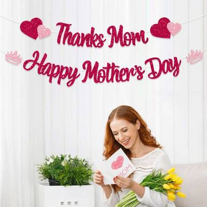 Pancarta brillante Feliz Día de la Madre, Pancarta Gracias Mamá, Corona de flores Decoración Día de la Madre, Suministros para fiesta Día de la Madre, Decoración Día de la Madre, Letrero de corona de flores Día de la Madre