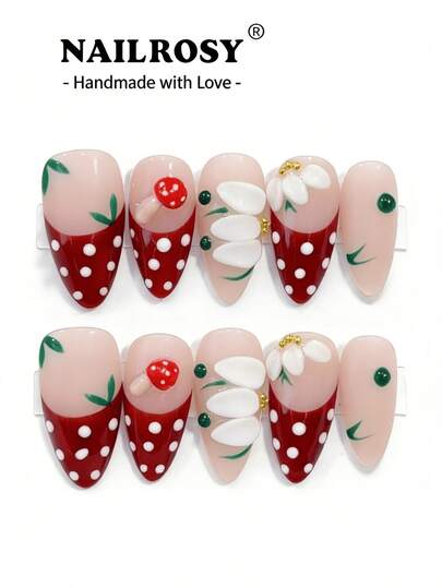 10pcs 3D Burgundy Flower Nail Art/Handmade Almond Shaped Elegant 3D Gel Nail Tips, Reusable Luxury False Nails Suitable For Holidays, Vacation, Birthday