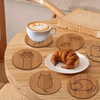 6pcs Wooden Cat Silhouette Coasters, Includes 6 Cute Poses, Soft Coffee Cup Mats, Heat-Resistant Non-Slip Desk Pads - Home Decor, Gifts, Desktop Accessories