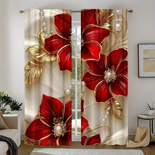 2 buah Tirai Motif Bunga Merah dan Daun Cokelat Tua - Dengan Desain Saku Batang yang Mudah, Bahan Poliester, Dapat Dicuci dengan Mesin, Sempurna untuk Dekorasi Ruang Tamu, Kamar Tidur, dan Ruang Belajar - MultiWarna - View 2