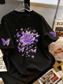 紫色玫瑰蝴蝶印花女款T恤，圓領印花圖案，大尺碼女裝上衣...休閒 - 黑色 - 查看 1