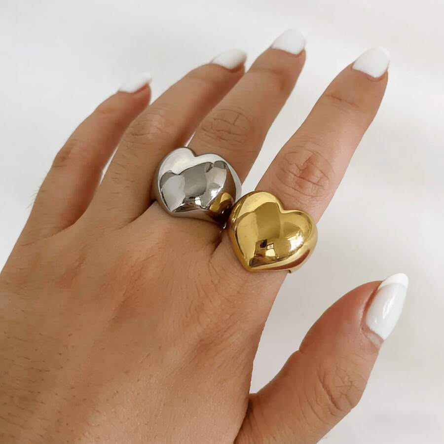 1pc Exaggerated Big Heart 316 Stainless Steel Vacuum Electroplated Waterproof Fade-Resistant Hypoallergenic Fashion Ring, Suitable For Exaggerated Casual Style, Work Commute, Daily Entertainment, Beach Vacation - Extra Large Heart - View 1