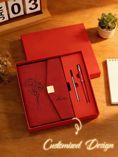 Customized Fashionable Square Notebook Sets, Customized Excellent Leather Durable Customized Simple Flower Notebook Sets, Personalized Name Diaries And Pen Gift Boxes, Simple And Portable, Suitable For Students To Use, Elegant Monthly Flower Notebook Gift Sets, Retro-Style Diary Books With Pens, Suitable For Offices And Schools