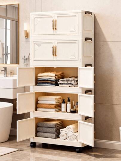 1 pieza Armario de almacenamiento plegable de 50 cm/19,69 pulgadas de ancho, caja de almacenamiento de ropa, armario portátil, caja plegable de doble puerta, disponible de 1 a 6 capas, puerta doble reforzada con ruedas, organizador del hogar sin necesidad de montaje, armario de almacenamiento plegable de plástico para ropa y juguetes